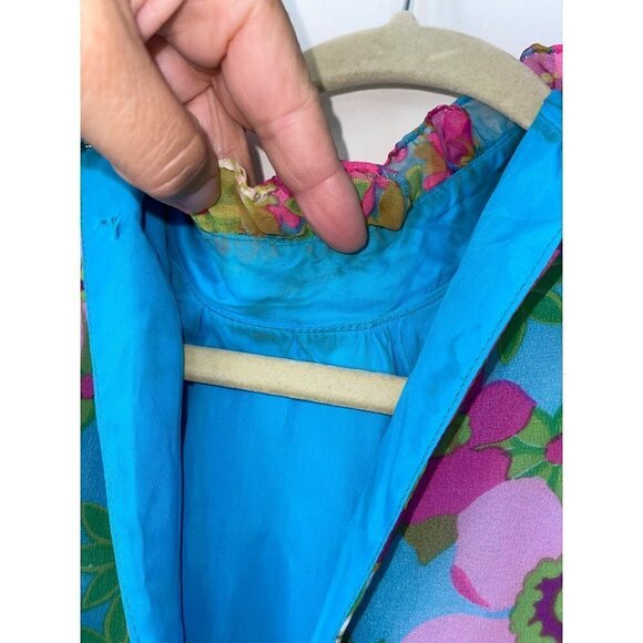 Vintage Floral Maxi Dress Size Small Pink Blue Ruffle Trim High Neck Tiered - Picture 10 of 16